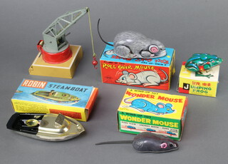 A Hornby tinplate model crane H E C, a Robin steamboat boxed, a Yone no.2169 windup toy roll over mouse boxed, a Chinese MS002 tinplate jumping frog boxed, a Yone wind up Wonder Mouse boxed 