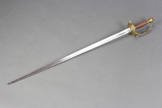 A Georgian officer's heavy cavalry dress sword, circa 1796, with 77cm straight spadroon blade and brass stirrup cup heart shaped guard   