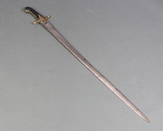 A 19th Century Persian style Shamshir sword with 76cm blade, having an impressed mark to the top, horn grip with brass mounts 