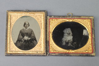 A black and white photograph of a seated dog 6cm oval, contained in a leather and gilt frame and 1 other of a seated lady with dog 8cm oval 