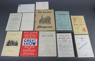 Of Horsham interest, four editions of The Horsham Magazine no.4 April 1939, no.5 May 1939 and no.6 June 1939, and no.7 June 1937, Horsham Church yearbook 1925, Horsham Parish magazine August 1933 and various other ephemera relating to Horsham 
