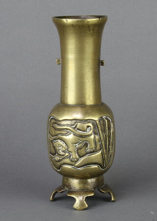 A Japanese polished bronze club shaped vase raised on panel supports 17cm x 6cm 