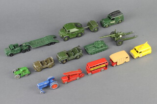 A Dinky 688 field artillery tractor, limber and field gun, a Lesney no.142 Evening Standard van, a Lesney no.55 Marshall horse box Mk.7, a Dinky 261 telephone services van and a small collection of other toy cars 