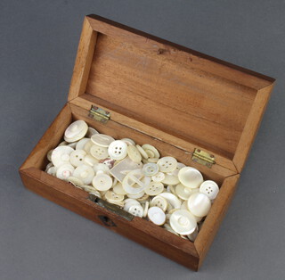 A collection of 19th Century and later mother of pearl buttons contained in a rectangular box with hinged lid 5cm h x 17cm w x 9cm d 