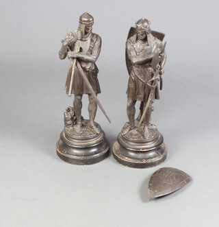 A pair of 19th Century spelter figures of standing warriors raised on socle bases 53cm h x 20cm w 