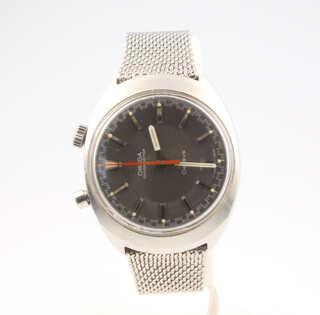 A gentleman's 1960's steel cased Omega chronostop manual wind 'drivers' wristwatch with red second hand, steel baton hour markers and white pencil hands and Omega crown and start stop pusher contained in 35mm screw back case on an Omega steel mesh bracelet with fold over clasp numbered 1120/116 