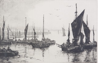 H P Evans, etching, study of moored fishing vessels, signed in pencil 27cm x 41cm 