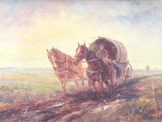 Koloszvary, oil painting on canvas, study of a covered wagon with figures in rural landscape 57cm x 76cm  