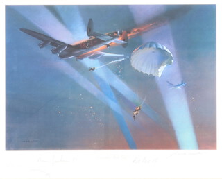 Frank Wootton, print "Lancaster Bailout" signed by the artist, Norman Jackson VC and Bill Read VC,  no.652/850 40cm x 50cm 