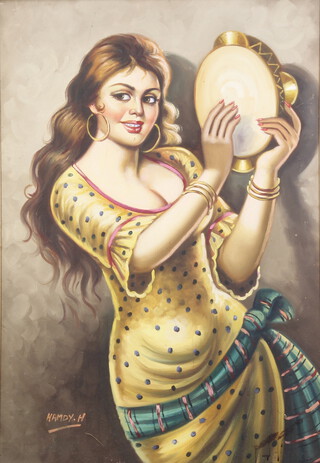 Hamdy.H, oil on canvas signed, study of a female tambourine player 98cm x 67cm 
