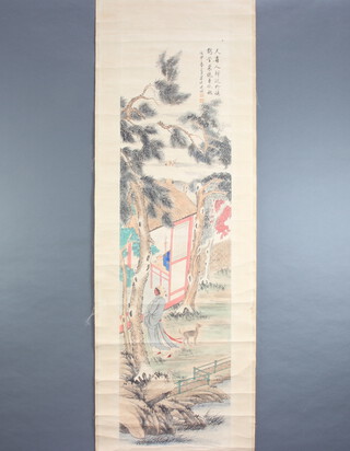 Chinese, early 20th Century hanging scroll, pen and wash depicting a gentleman and dog in a pavillion garden setting with 2 seal marks and script, having wooden ends 167cm x 45cm 
