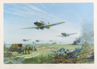 Frank Wootton, Limited edition print, "Adlertag, 15 August 1940" commemorating the 50th Anniversary of The Battle of Britain, signed in pencil by the artist and others no.901/1500 67cm x 93cm  