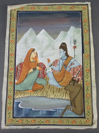 Indian, watercolour on silk depicting 2 seated ladies with an oxon in a winter setting, unframed 39cm x 27cm 