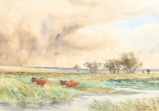 Charles Pigott (1863-1949), watercolour signed, cattle beside a river 25cm x 35cm 