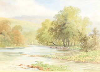 Charles Pigott (1863-1949), watercolour signed, lake view with distant hills 25cm x 35cm 