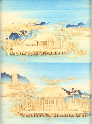 Early 20th Century Chinese carved cork pictures depicting pavilions and distant mountains with printed script 13cm x 18cm 