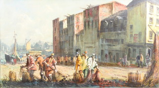Tom Burke, oil on canvas, mediterranean port scene with figures 49cm x 89cm  