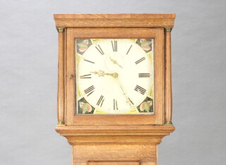 An 18th Century 30 hour striking longcase clock, the 28cm dial with painted floral spandrels and minute indicator, contained in a light oak case 185cm h x 47cm d x 22cm w, complete with pendulum and weights