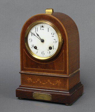 Ansonia Clock Co., an Edwardian 8 day mantel clock with enamelled dial and Arabic numerals contained in an inlaid mahogany case 27cm h x 18cm w x 12cm, complete with pendulum (no key)  