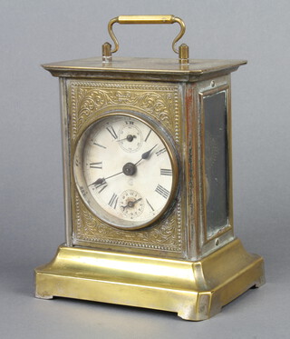 A 19th/20th Century Continental alarm clock, the paper dial with Roman numerals marked B, minute indicator and alarm dial contained in a pressed gilt metal case 15cm h x 13.5cm w x 10cm d (no key) 