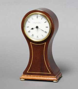 Knight & Gibbins, a Victorian style battery operated mantel timepiece with quartz movement, contained in an inlaid mahogany balloon case 19cm x 10cm x 6cm  