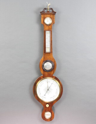 A 19th Century mercury wheel barometer and thermometer with damp/dry indicator, thermometer, mirror and spirit level, contained in a rosewood case 98cm x 25cm 