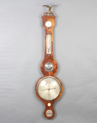 M Salmoni of Oxford, a 19th Century mercury barometer and thermometer contained in an inlaid mahogany wheel case, the silvered dial with damp/dry indicator, thermometer, mirror and spirit level 104cm h x 26cm w 