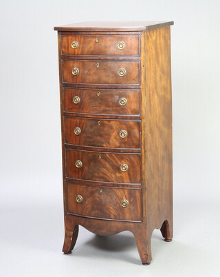 A Georgian style mahogany bow front pedestal chest of 6 drawers with brass ring drop handles raised on splayed bracket feet 111cm h x 46cm w x 43cm d 