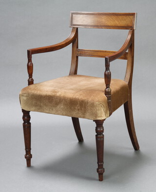 A Georgian mahogany bar back carver/desk chair with plain mid rail, raised on turned supports 86cm h x 49cm w x 52cm d (seat 33cm x 35cm) 