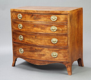 A Georgian crossbanded mahogany inlaid satinwood bow front chest of 4 long graduated drawers, raised on splayed bracket feet 84cm h x 90cm w x 50cm d 
