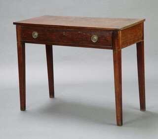 A Georgian mahogany rectangular side table fitted a frieze drawer with replacement handles, raised on square tapered supports 71cm h x 93cm w x 43cm d 
