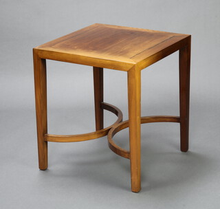 A Georgian style hardwood lamp table, raised on square tapered supports with C shaped stretcher 61cm h x 55cm w x 55cm d 