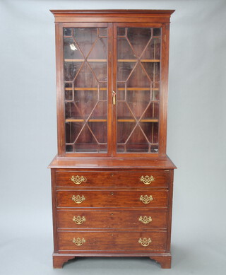 A 19th Century mahogany bookcase on chest, upper section with moulded cornice fitted adjustable shelves enclosed by astragal glazed panelled doors, the base fitted 4 drawers with replacement brass swan neck drop handles, raised on bracket feet 206cm h x 99cm w x 51cm d 