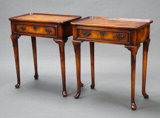 A pair of Georgian style figured walnut tray top side tables fitted 2 drawers, raised on club supports 76cm h x 68cm w x 39cm d 
