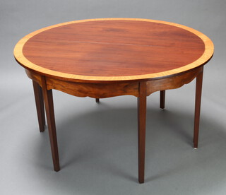 A Georgian dining table base with later crossbanded mahogany oval top, the base having 8 square tapered supports 74cm h x 137cm x 130cm l x 216cm when extended, 
