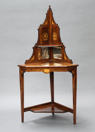 A Victorian inlaid rosewood 3 tier corner what-not, inlaid birds, raised on square tapered supports 134cm h x 49cm w x 49cm d 