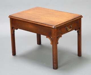 A Chippendale style rectangular crossbanded mahogany lamp table fitted a drawer, raised on square shaped supports 49cm h x 69cm w x 49cm d  