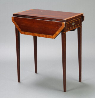 A 19th Century crossbanded mahogany Pembroke table fitted a frieze drawer and raised on square tapered supports 65cm h x 55cm w x 31cm d 