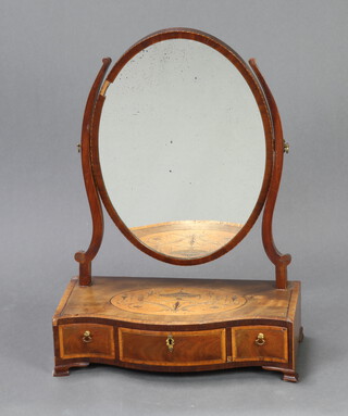A Georgian mahogany oval plate dressing table mirror with swing frame, the base of serpentine outline, fitted 1 long and 2 short drawers, the top inlaid a lidded urn, raised on bracket feet 58cm h x 43cm w x 21cm 