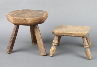 An 18th Century elm octagonal stool raised on 3 outswept supports 25cm h x 25cm w x 25cm d, together with a 19th Century rectangular elm stool on turned supports 16cm x 22cm x 18cm 