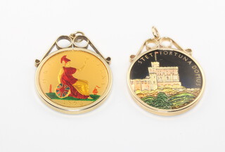 An enamelled commemorative medallion contained in a yellow metal mount, a Victorian penny in a gilt metal mount 