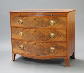 A Georgian bleached mahogany bow front chest with brushing slide above 3 long drawers, raised on outswept bracket feet 91cm h x 109cm w x 61cm d 