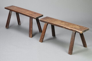 A pair of 18th/19th Century rectangular elm stools, raised on outswept supports 40cm h x 92cm w x 22cm d 