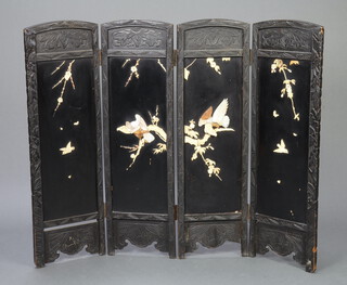 A Victorian ebonised and inlaid mother of pearl, arch shaped, 4 fold screen 90cm h x 27cm when open 109cm w  
