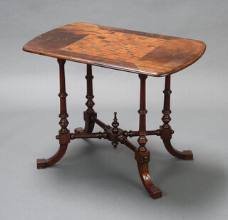 A Victorian oval inlaid mahogany chess table, raised on 4 turned and fluted columns with X framed stretcher and outswept supports 61cm h x 78cm w x 50cm d 