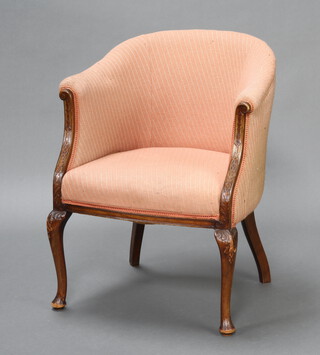 An Edwardian mahogany framed tub back chair upholstered in orange material, raised on cabriole supports 78cm h x 47cm w x 59cm d (seat 40cm x 37cm)  