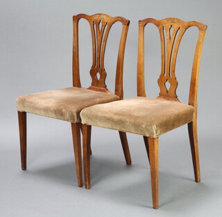 A pair of Georgian yew Hepplewhite style camel back dining chairs with over stuffed seats, raised on square supports 90cm h x 52cm w x 44cm d (seat 31cm x 28cm) 