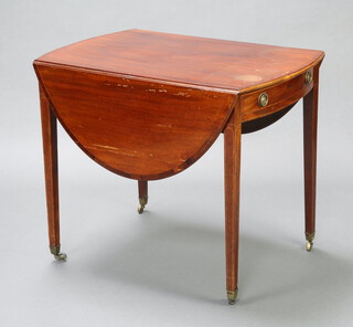 A Georgian inlaid and crossbanded mahogany oval Pembroke table fitted a drawer 73cm h x 88cm w x 50cm d 
