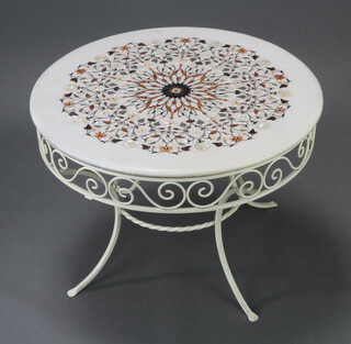 An Indian circular inlaid marble occasional table, the top inlaid specimen marble raised on a circular wrought iron base 53cm h x 76cm diam.  