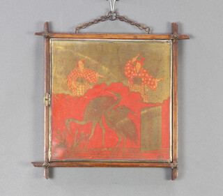 A 19th Century aesthetic triptych hanging mirror with lacquered style panels decorated storks and figures 32cm x 30cm when closed x 74cm when open 